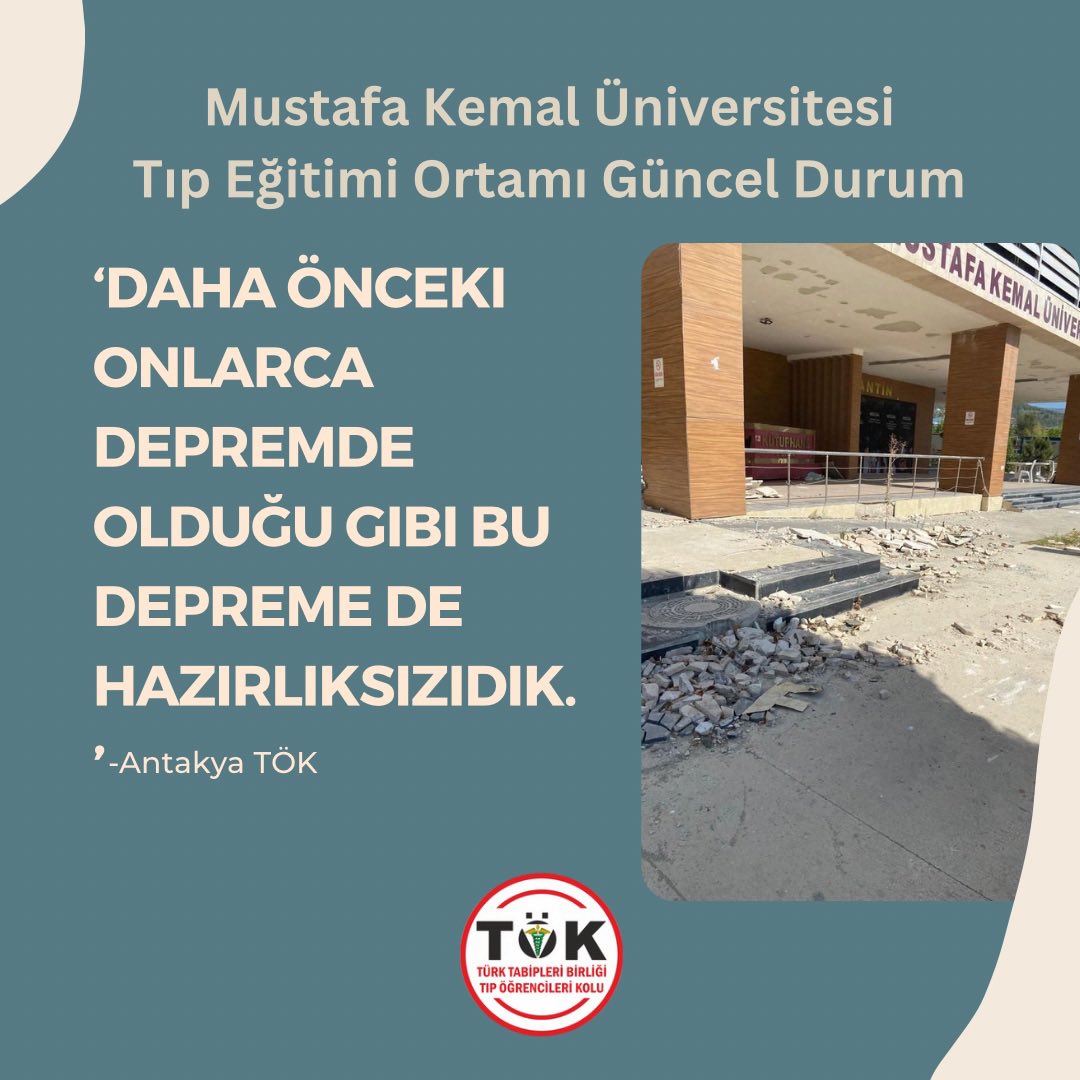 Mustafa Kemal Üniversitesi öğrencisi sıra arkadaşlarımızın 4. ve 5. sınıf öğrencilerinin içinde bulunduğu durum ile alakalı gözlem raporu: 👇🏼

Yetkilileri bir an önce gerekli çalışmaları yürütmeye çağırıyoruz. <a href="/YuksekogretimK/">Yükseköğretim Kurulu (YÖK)</a> <a href="/TCKulturTurizm/">T.C. Kültür ve Turizm Bakanlığı</a> <a href="/saglikbakanligi/">T.C. Sağlık Bakanlığı</a>