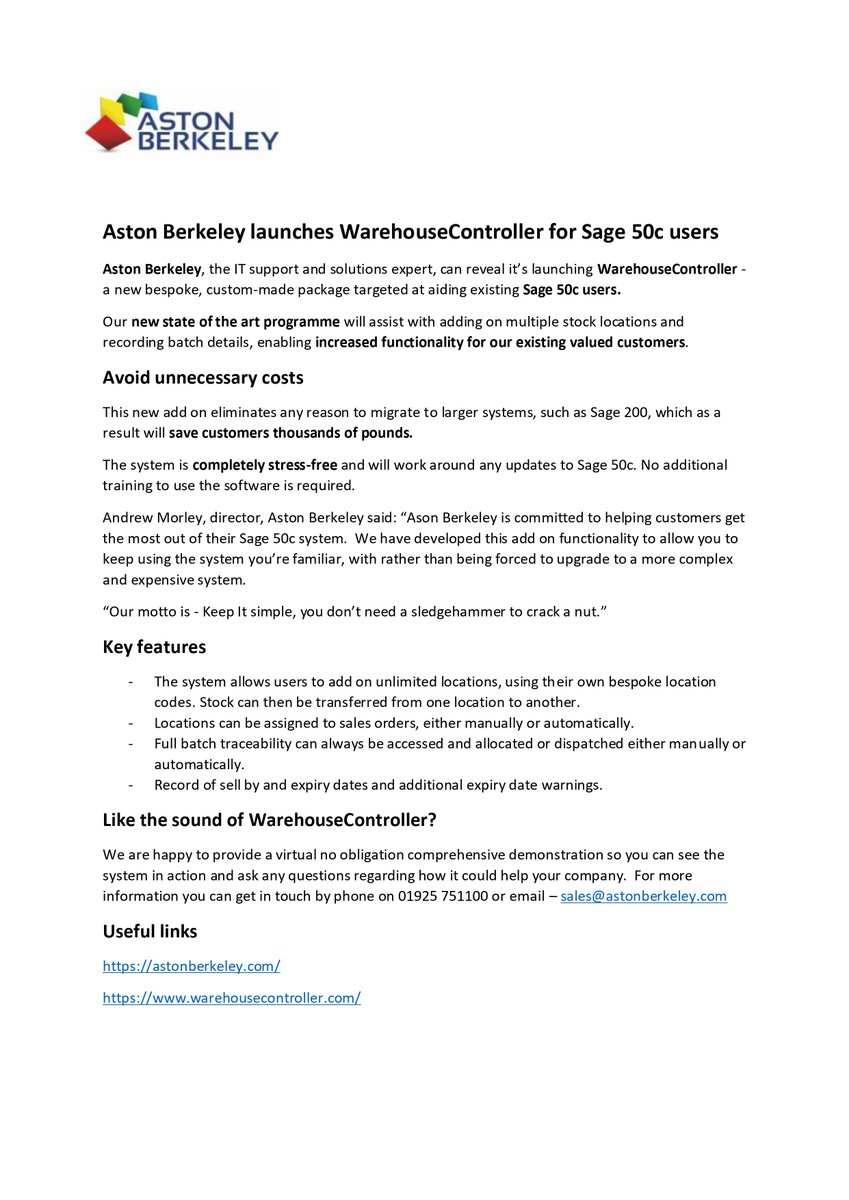 aston_berkeley's tweet photo. Calling all @sageuk @SagePartners #sage50 users #WarehouseController is here!💥 https://t.co/3i3eL7O3ZN