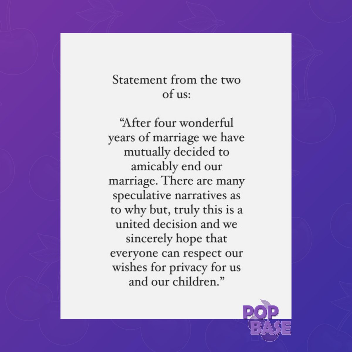 PopBase's tweet photo. Sophie Turner reveals it was an united decision with Joe Jonas to file for divorce in new statement. https://t.co/7nG6hoJq3m