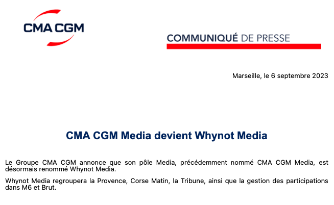 fquairel's tweet photo. CMA CGM Médias devient... Whynot Media.  @MediaLeaderFR https://t.co/HbzCmxnNpw