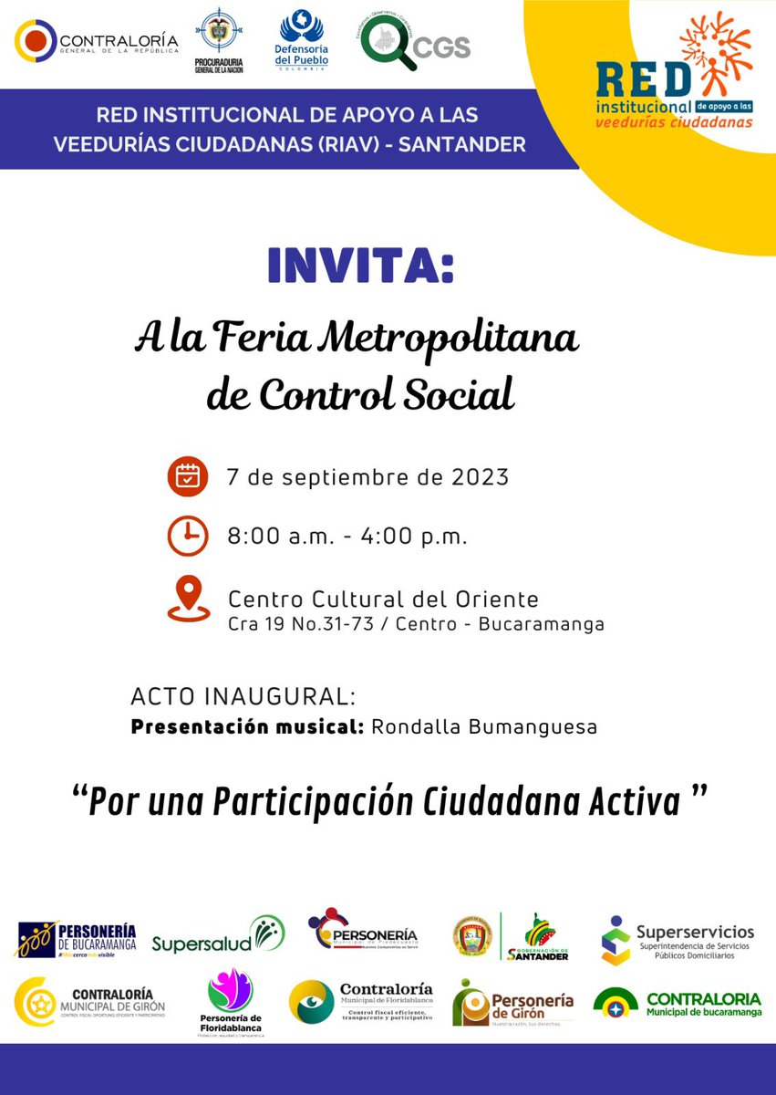 📣La <a href="/ContraloriaBga/">ContraloríaBga</a> y la Red Institucional de Apoyo a las Veedurias Ciudadanas invitan a la ciudadania en general a participar de la Feria Metropolitana de Control Social "Por una Participacion Ciudadana Activa"