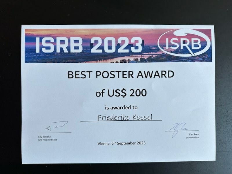 So incredibly proud of my supervisor Friederike Kessel to be awarded with one of the best poster prizes by @ISRBio! Thanks for pushing boundaries using new technologies 🚀❤️ #ISRB2023 #zebrafish #bioimageanalysis