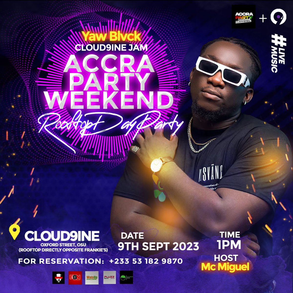 OSU!!! What a day this Saturday is going to be. <a href="/yblvckMusic/">Yaw Blvck</a> performing at CLOUD9INE JAM in your city. Can’t wait to see everyone down there Saturday at 1 PM 🔥🔥 Host: <a href="/mcmiguelgh/">Mc Miguel🇬🇭👑 ( De Giant Mc ) 🇬🇭</a> 🙌✅

#accrapartyweekend <a href="/DigitalMusicCE/">Digital Music Commerce And Exchange Ltd</a> <a href="/MyEasternChild/">Eastern Child</a>