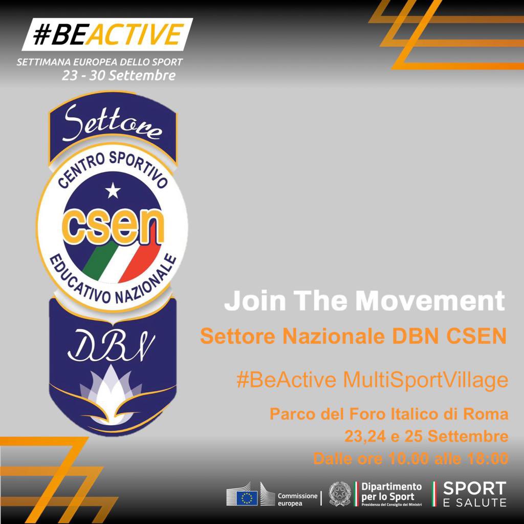 🔴 23-24-25 Settembre confermiamo con piacere la presenza del Settore Nazionale DBN CSEN  alla Settimana 👉🌟Europea dello Sport “Be Active”🌟organizzata da Sport e Salute al parco del Foro Italico di Roma. 
🔴 Venite a trovarci ingresso gratuito!!