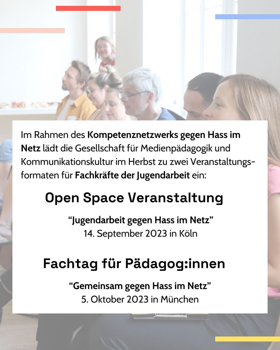 Hass im Netz (@hassimnetz) on Twitter photo Im Rahmen des Kompetenznetzwerks gegen Hass im Netz veranstaltet die Gesellschaft für
Medienpädagogik und Kommunikationskultur <a href="/GMKnet/">GMK</a> im Herbst zwei
Veranstaltungsformate für Pädagog:innen der Jugendarbeit.
Anmeldung und Infos: kompetenznetzwerk-hass-im-netz.de/veranstaltungen
#nohate #medienpädagogik Im Rahmen des Kompetenznetzwerks gegen Hass im Netz veranstaltet die Gesellschaft für
Medienpädagogik und Kommunikationskultur <a href="/GMKnet/">GMK</a> im Herbst zwei
Veranstaltungsformate für Pädagog:innen der Jugendarbeit.
Anmeldung und Infos: kompetenznetzwerk-hass-im-netz.de/veranstaltungen
#nohate #medienpädagogik