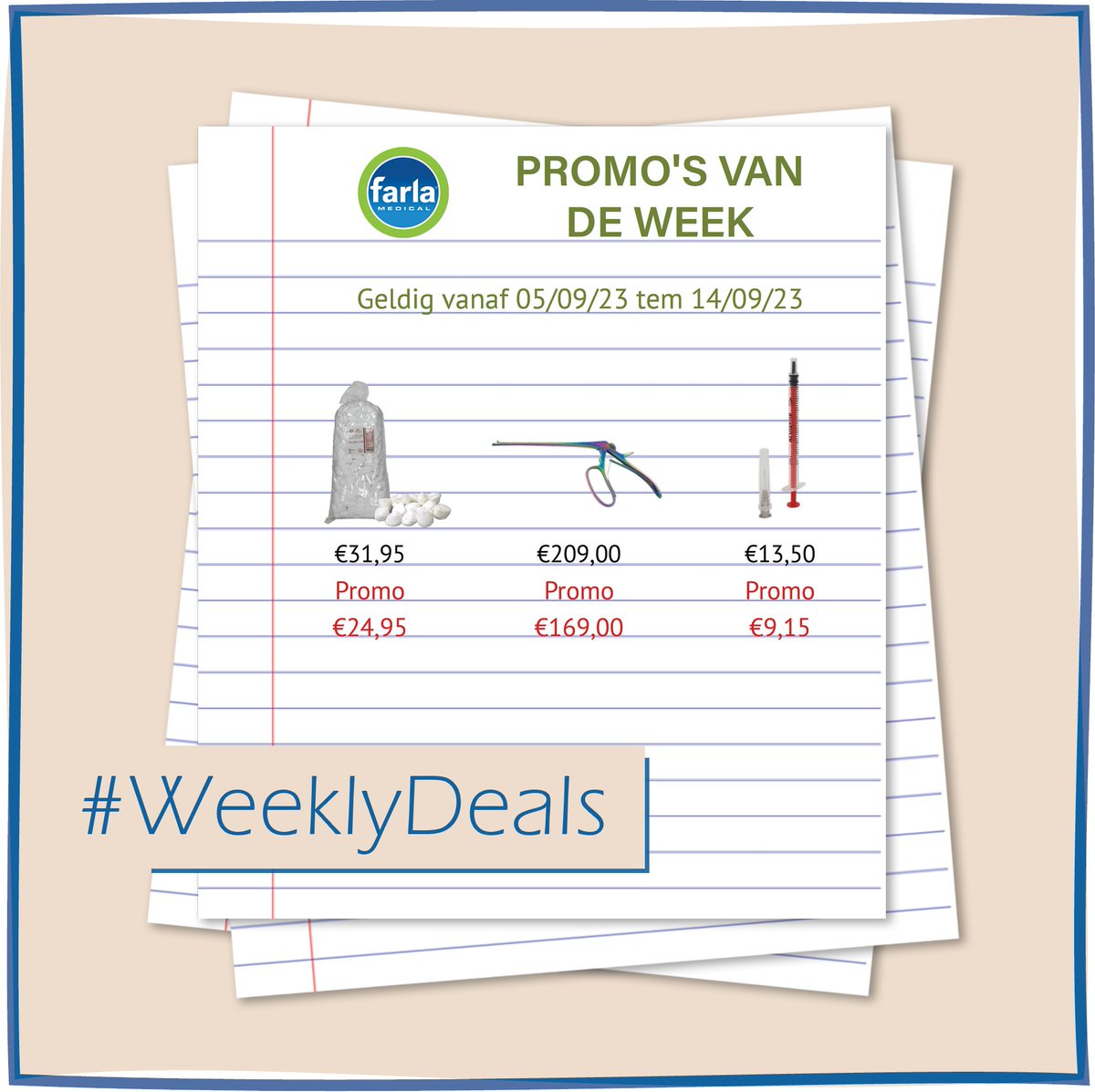 FarlaMedical's tweet photo. @FarlaMedical_NL Ontdek de promo's van de week (05/09 tem 14/09)!
#farlamedical #promotie #deals #promosvandeweek #medical #medischmateriaal #deppers #wondzorg #ehbo #biopsietang #titaniuminstruments #zarys #dicosulin #insulinespuit 

https://t.co/W84KQifFFa https://t.co/CRfSwZXcnr