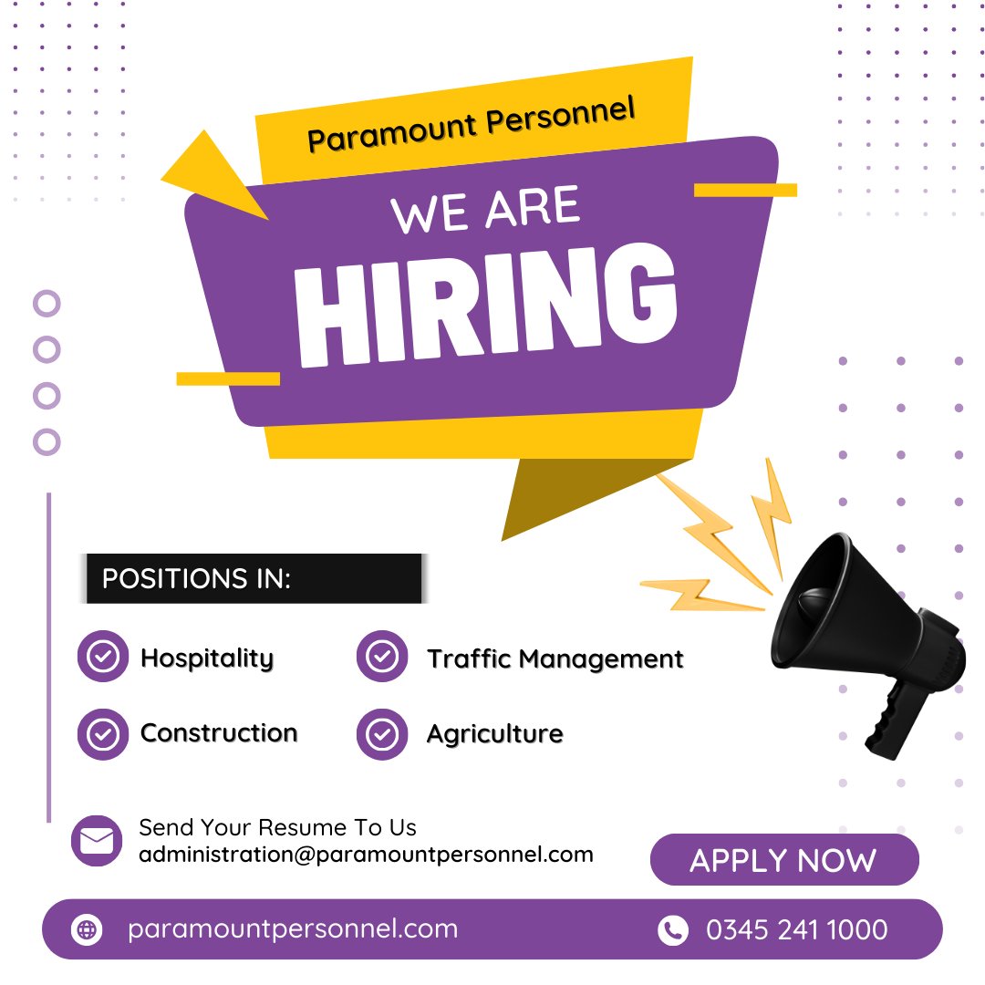 Visit our vacancies page today to see if we have a position for you! paramountpersonnel.com/vacancy/

#hospitalityjobs #hospitality #constructionrecruitment #trafficmanagement #recruitment #hiring #cullompton