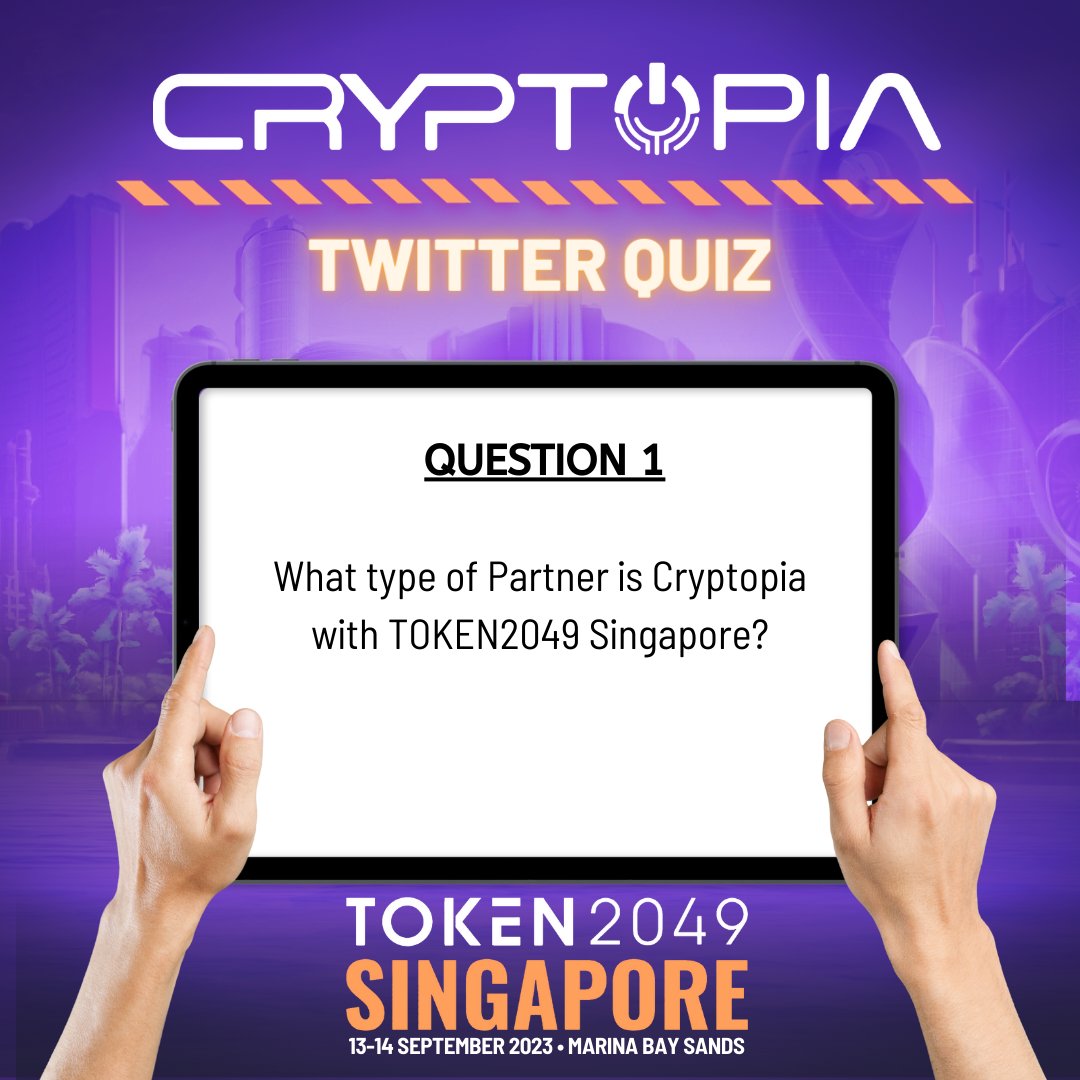 CryptopiaOFCL's tweet photo. 🚀 Here's Question Number 1
In celebration of Cryptopia being a Gold Partner at the TOKEN2049 Event, we are launching Cryptopia TOKEN2049 Twitter Quiz!
How to join:
1. Answer daily questions (Sept 6-14) posted in https://t.co/H7OXzA2uwW
2. Retweet your answers to Cryptopia's Twitter post
3. Use #CryptopiaAtTOKEN2049 and #TOKEN2049
4. Follow @CryptopiaOFCL and @HFBonnet
Win big! 🏆
Top 1 = $50
Top 2 = $40
Top 3 = $30
Top 4 = $20
Top 5 = $10
Plus, raffle winners for participants get $10 x 5.
The campaign runs until Sept 20. Get involved and celebrate with us! 💰🗓 #Cryptopia #GoldPartner #TOKEN2049