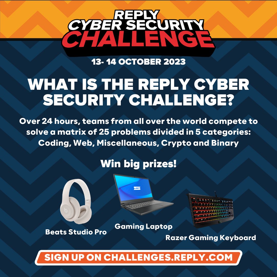 ReplyChallenges's tweet image. What is the #ReplyCyberSecurityChallenge?
Discover more and join the competition now at the:
๐ replychallenges.com/CyberSecurity
#ReplyChallenges #CTF #CaptureTheFlag #CyberSecurity