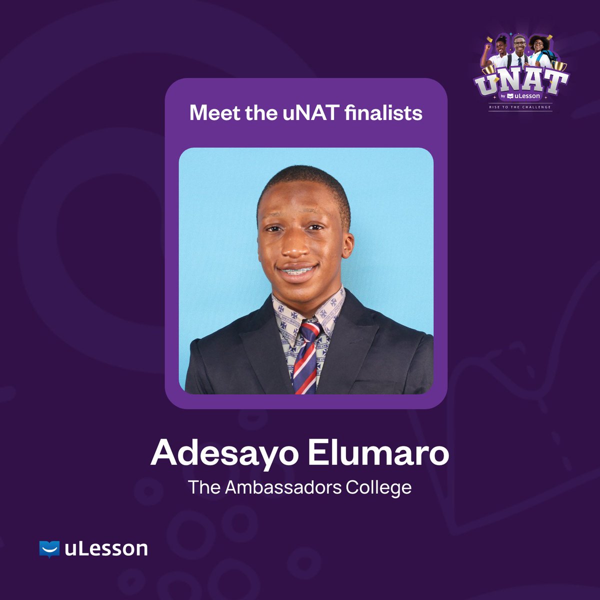 ulessonapp's tweet photo. Congratulations to Adesayo Elumaro, on making it to the finals of the uLesson National Academic Tournament (uNAT)!

We look forward to seeing you compete for the grand prize.

#uNAT #uLesson #LoveLearning #AcademicCompetition #edtech #education https://t.co/9wD74x7U9u