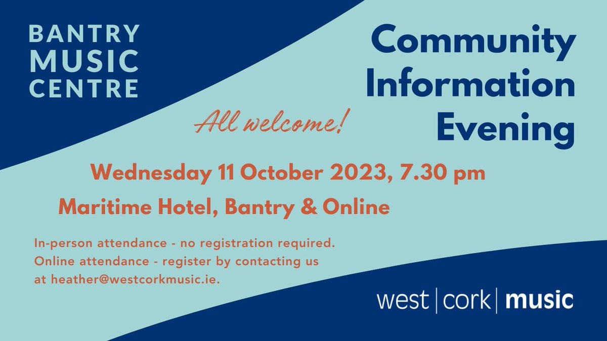 MastersOfTradition (@mastersoftradit) on Twitter photo Mark your diary! West Cork Music will host a Community Information Evening on Wed 11 October, 7.30 pm - Maritime Hotel, Bantry & Online, as the development of the new performance and education facility begins to take shape.
More about the venue project at westcorkmusic.ie/venue. Mark your diary! West Cork Music will host a Community Information Evening on Wed 11 October, 7.30 pm - Maritime Hotel, Bantry & Online, as the development of the new performance and education facility begins to take shape.
More about the venue project at westcorkmusic.ie/venue.