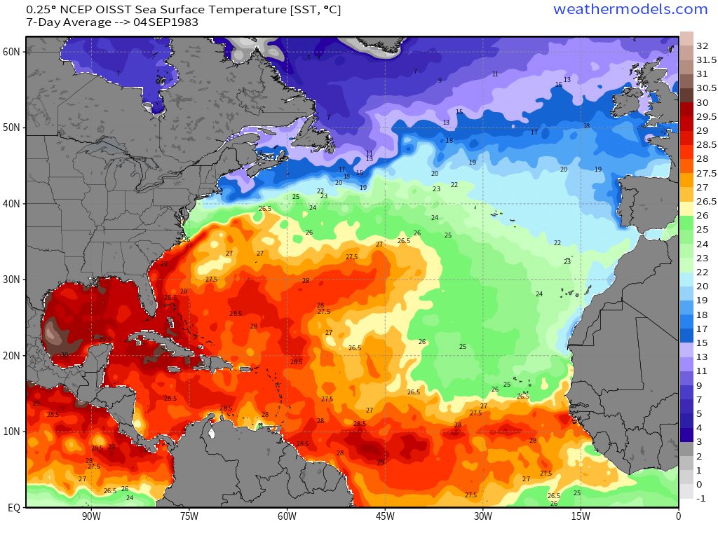 EricBlake12's tweet photo. Been thinking a lot recently about how unusual the 2023 Atlantic water temps are. Imagine Lee headed into 1983 waters east of the Leeward Islands (27.5C)- 2023 Lee has 29.5C to work with- an astounding difference.   Arguably doubles or triples the chance of Rapid Intensification https://t.co/klSy5RhIUy