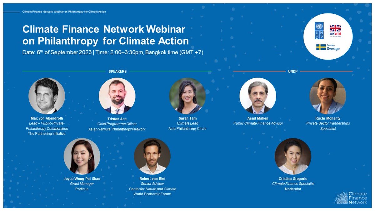 Excellent insights from fellow panel members at the #philanthropy webinar today. Partnerships are a powerful tool to leverage, build, learn from the network and mobilize action #climatefinance