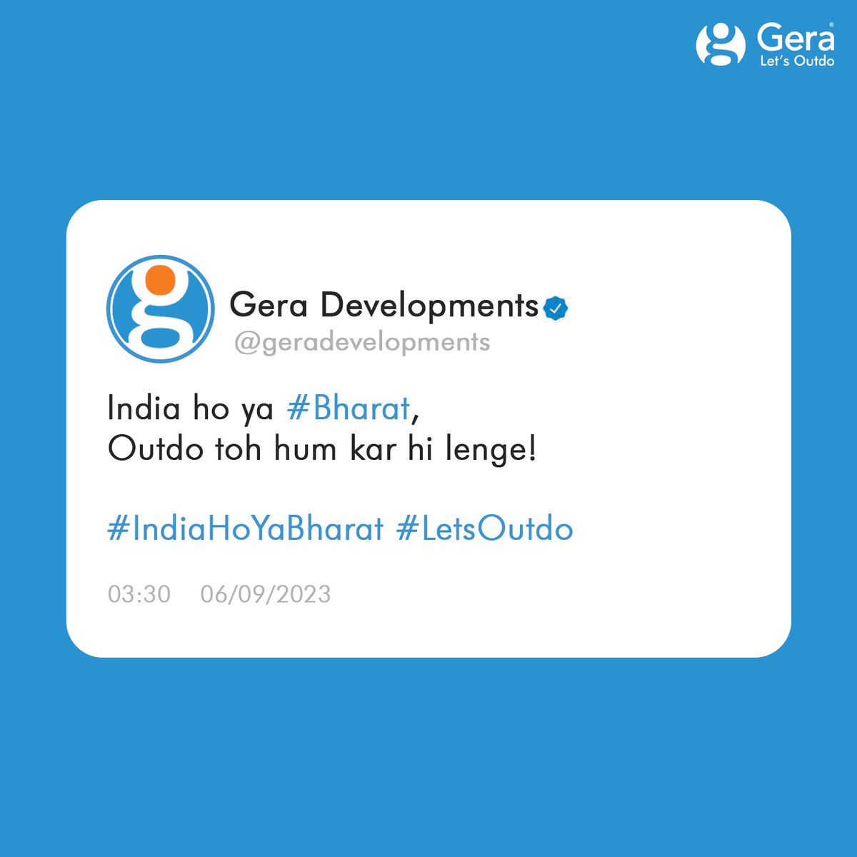 geradevelopment's tweet photo. #IndiaHoYaBharat Outdo toh hum kar hi lenge.
#GeraDevelopments #LetsOutdo #Bharat #TrendingBharat #BharatVsIndia #India #RealEstate https://t.co/QAED6uij5H
