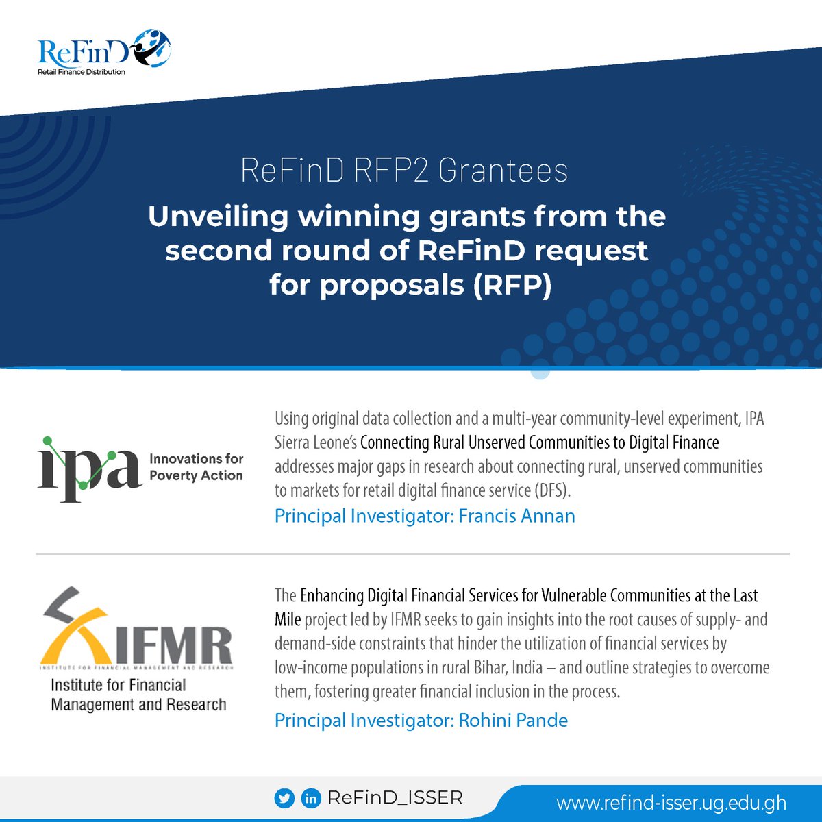 ReFinD_ISSER's tweet photo. Meet our winning grantees from the 2nd @ReFinD_ISSER, learn about their innovative projects and be part of this exciting journey. 🤝 #retailfinance #RFP2 #ReFinDGrantees #agentnetwork #agentbanking
@poverty_action @IFMRCapital @ISSERUG @univofghana https://t.co/YBdLoGHNeC