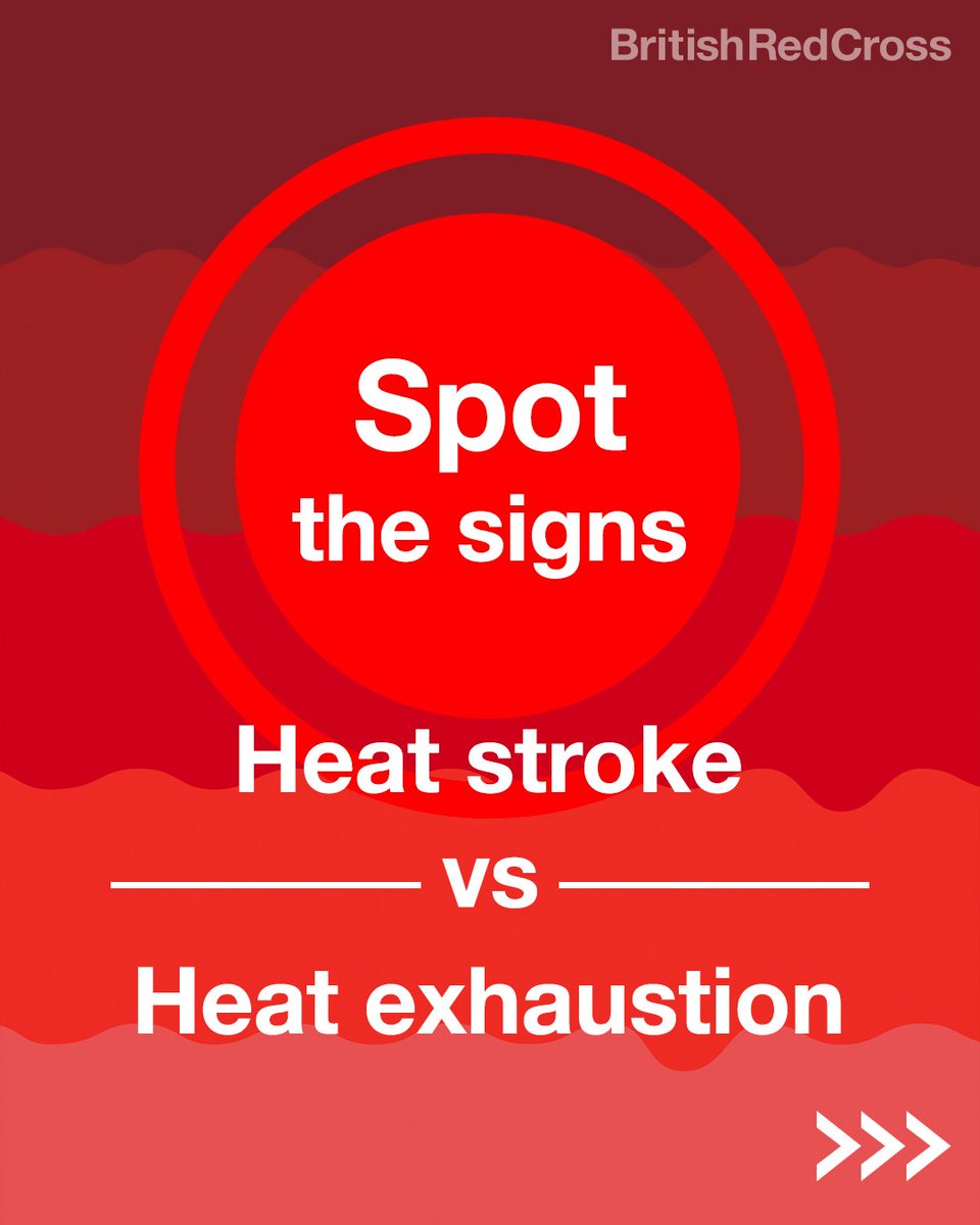 BritishRedCross's tweet photo. Could you tell the difference between heat stroke and heat exhaustion?
In this hot weather, itβs important to look out for both in yourself or people you know. But because they have similarities, it can be tough to know the difference. β¬οΈ
#FirstAidApp #Heatwave https://t.co/nrqrDDTpv6