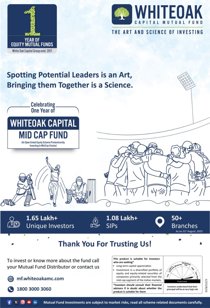 WhiteOakCap's tweet image. It gives us immense pleasure to share that WhiteOak Capital Mid Cap Fund has completed a year of allotment today. We thank all our investors and partners for trusting us and our fund management capabilities. 

#midcap #midcapfund #mutualfunds