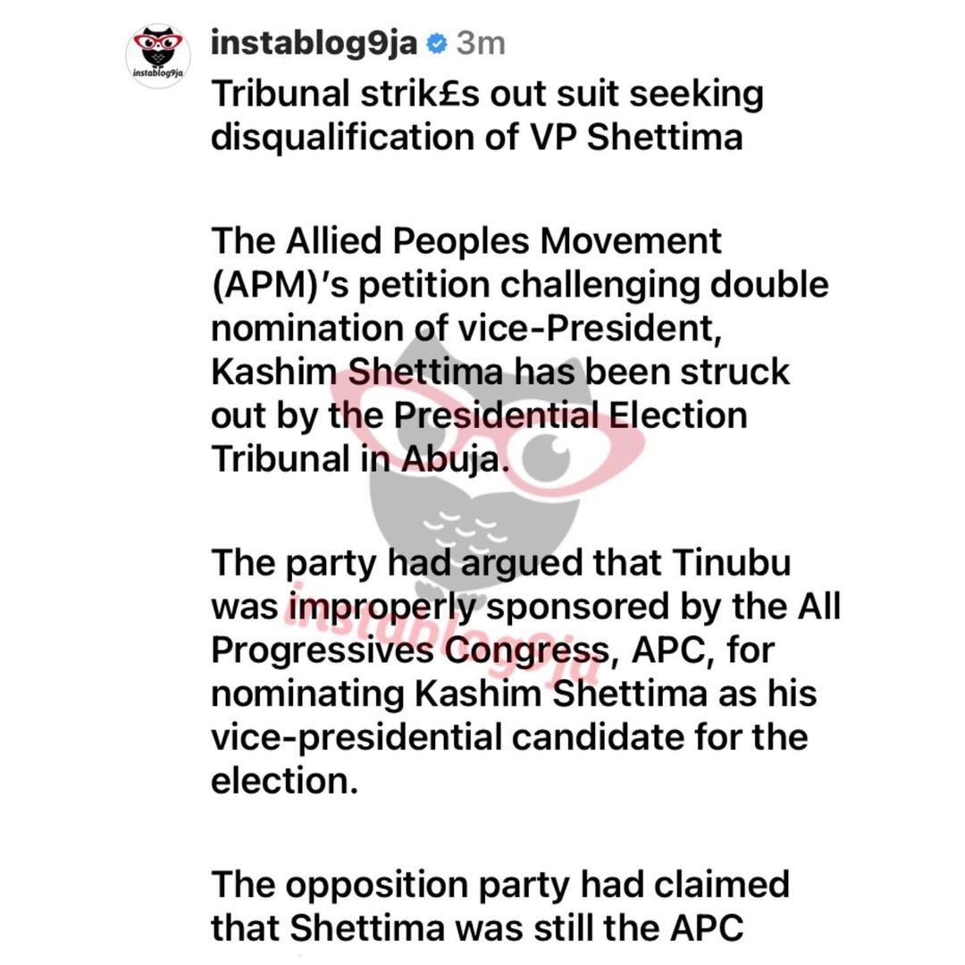 instablog9ja's tweet photo. Tribunal throws out APM’s suit seeking disqualification of Pres. Tinubu 

The Presidential Election Petitions Court (PEPC), on Wednesday morning, September 6, dismissed the petition filed by the Allied Peoples Movement (APM) to nullify President Bola Tinubu’s election. https://t.co/cKbcQJco7O