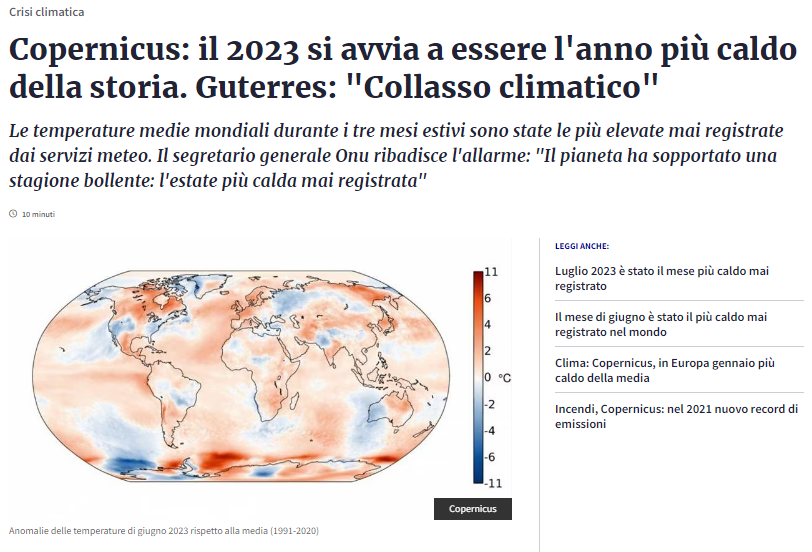 ReRebaudengo's tweet photo. 2023 @CopernicusEU: sarà forse l'anno più caldo della storia. 
@antonioguterres @UN: Collasso climatico è iniziato.
Clima cambia più velocemente di quanto possiamo gestire.
Velocizziamo ciò che possiamo, per evitare il peggio: acceleriamo decarbonizzazione https://t.co/BXW2iCoW65 https://t.co/Yvur4t1hRo