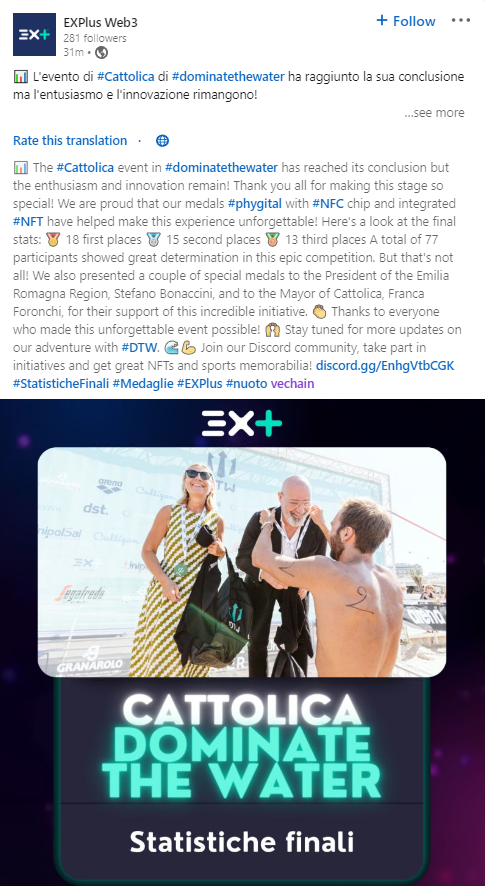 eisenreich's tweet photo. VeChain x EXPlus Web3

At #DominateTheWater, a circuit of open water swimming events, EXPlus designed #phygital medals with #NFC chips, all integrated into an #NFT. 🏅

https://t.co/qyVyPi607G

#VeChain $VET #VeFam #Blockchain #Tech #Crypto #Bitcoin #Technology #RunsOnVeChain https://t.co/FkVI0RvWTR