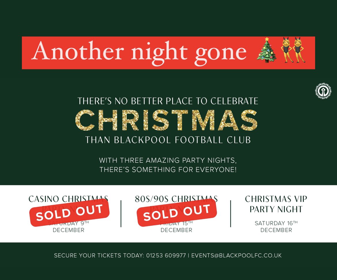 That’s another night sold out, less than 50 tickets remain for the VIP Party night 🪩💃

If you’re looking to book your Christmas party get in touch! 

☎️ 01253 609977 
📧 events@blackpoolfc.co.uk 

@BlackpoolFC 

#christmas2023 #blackpoolfc #partynights