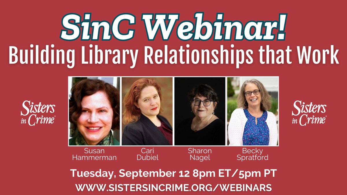 NEXT WEEK! Writers already know librarians are their best friends -- find out how to make that work for you in a #SinC Webinar with @SHammerman1, @caridubiel, Sharon Nagel and @RAforAll! Info here: sistersincrime.org/webinars #libraries #WritingCommunity #mystery #writerslife