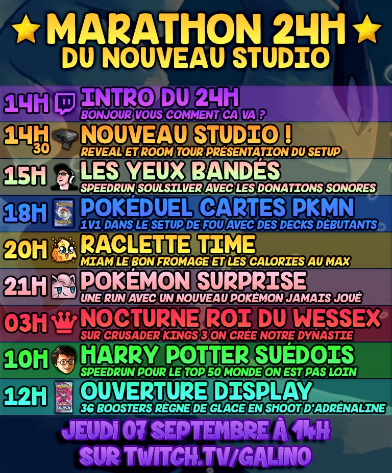 GalinoTV's tweet photo. Demain à 14h 🤯 Un Marathon 24h pas comme les autres, c'est le fruit d'énormément de préparation = Le Studio est globalement prêt pour être enfin mis à disposition du Stream 🤩 Il reste encore 2 ou 3 optis mais c'est bon ! Voici le planning 👀 https://t.co/plhX4MimeE