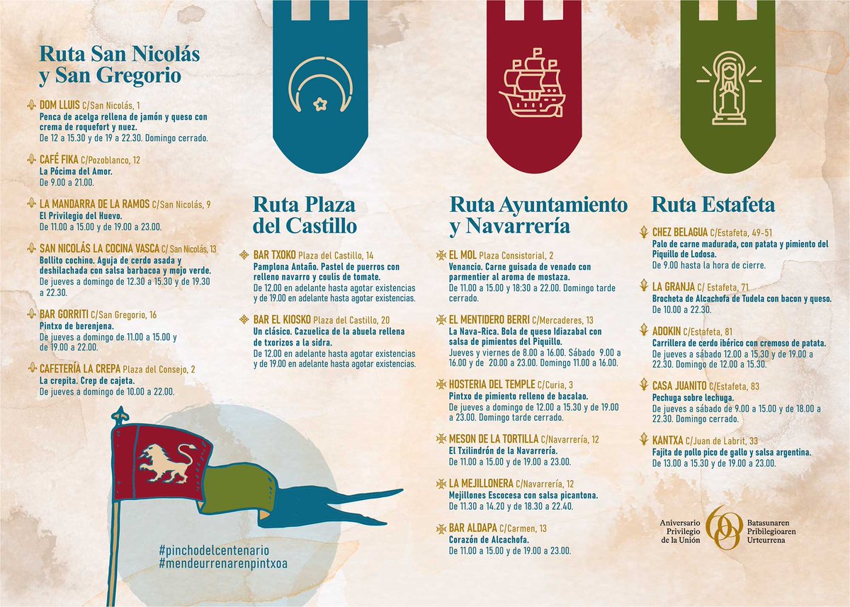 😋 En Pamplona no hay fiesta si no hay comida.

Con motivo del 600º aniversario del Privilegio de la Unión, varios bares del centro ofrecerán un pintxo especial de jueves a domingo.

⬇️ Consulta aquí los Pintxos del Centenario:
