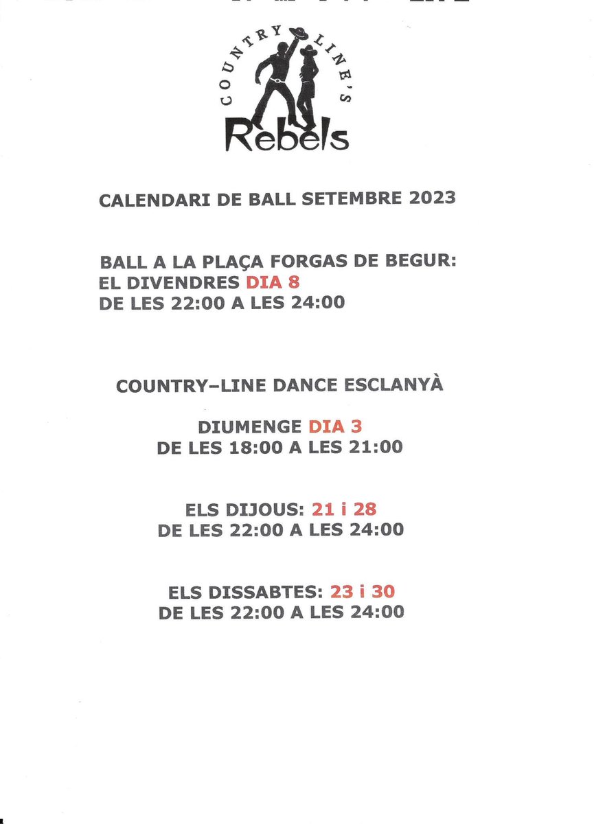 BegurEsAutentic's tweet photo. 🪕 Els Country Line's Rebels ens presenten el seu CALENDARI de trobades per al SETEMBRE, al Local Polivalent d'#Esclanyà!

☝️A la PLAÇA FORGAS, última data de l'estiu 2023:  🗓Divendres 8 de setembre - De 22 a 00h

 #BeguresAutentic #agenda #ABegurCultura #countrylinedance https://t.co/ViNJmiQoe5