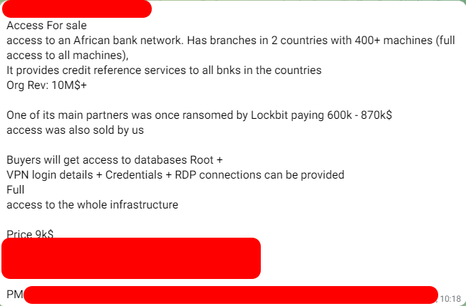 _SaxX_'s tweet photo. [🚨🚨 AFRIQUE - 9000$ pour accéder à la totalité d'une banque en Afrique !!!]

Enième alerte… encore en #Afrique ! L'accès à la (presque) totalité d'une banque principale Afrique est en vente.

L'acteur malveillant propose aux enchères, et ce à partir de 9000$ :
- un accès à plus de 400 serveurs/postes utilisateurs
- un accès à toute l'infrastructure
- un accès VPN, RDP avec des comptes admin
- …

L'acteur malveillant donne pas mal d'autres détails que je passerai sous silence…

PENSEZ VRAIMENT A REVOIR VOS INFRASTRUCTURES ! MONITORER ET FAITES UN EXCERCICE DE THREATHUNTING.

ET surtout alertez et prévenez les RSSI/DSI que vous connaissez en Afrique.

NOTA: Je pense savoir de quelle banque hélas il pourrait s'agir…

Cybèrement vôtre,

SaxX

#cybersécurité #Afrique #cybersecurity #africa #cyberalert #banque

---------------------------------------------------------

ℹ️NOTA: Je reste disponible pour discuter montées en compétences de vos équipes ou intervenir au sein de vos COMEX/CA/BOARD.