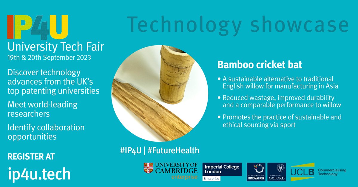 The #IP4U University Tech Fair is an exciting opportunity to discover ground breaking research

On 19 September, learn how <a href="/DarshilUShah/">Darshil Shah</a>'s innovative Bamboo Cricket Bat is pushing the sport forward to a greener &amp; more inclusive future 🏏
Register at:  IP4U.tech