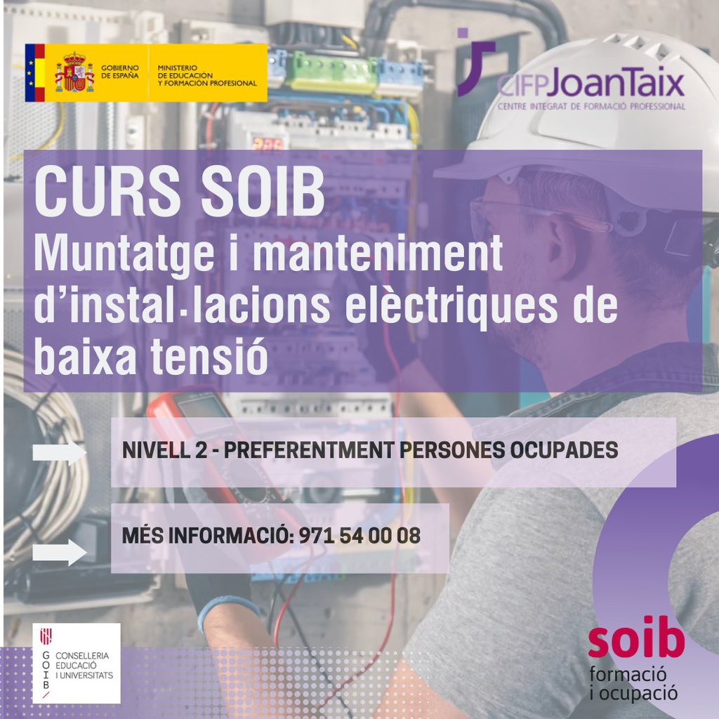cifpjoantaix's tweet photo. ‼️✍🏼 Termini d'inscripció obert per a cursos del SOIB. 

💄Serveis auxiliars d'estètica 

💡Muntatge i manteniment d'instal.lacions elèctriques de baixa tensió

ℹ️ Més informació: 971 54 00 08

#cifpjoantaix #formaciósoib https://t.co/0MgwbChVUl