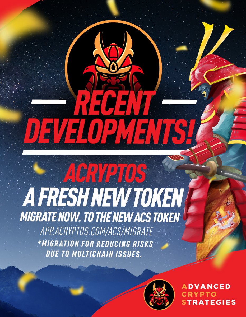 🔊Recent Developments #1 Migrate your ACS tokens 1:1 to our new token!  🔗New $ACS address: 0x8888888888f004100C0353d657BE6300587A6CcD  https://t.co/hLpwqHNSWd 🟢You may withdraw from the old ACS Core vault - 0  Withdrawal fees. 🟠There are