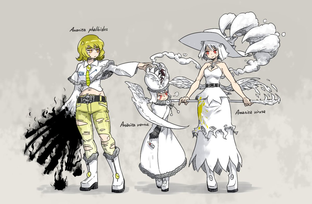 「ウチのキノコ擬人化娘「始まりの3人」。左から…アマニタ・ファロイデス(タマゴテン」|oso 的キノコ擬人化図鑑のイラスト