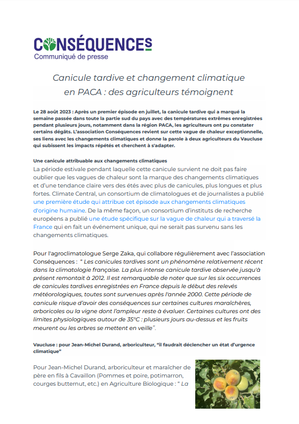 Ce CP sorti en cette fin d'été met en avant la canicule tardive. Les agriculteur-rice-s témoignent des conséquences sur leurs fermes. 🥵👩‍🌾🧑‍🌾 
CP➡️bit.ly/3PuM0yp
1ères réactions des médias🧐
@BFMToulonVar➡️ bit.ly/45Uednm
<a href="/francebleu/">Guédon Laurent</a>  ➡️ bit.ly/462A8Jp