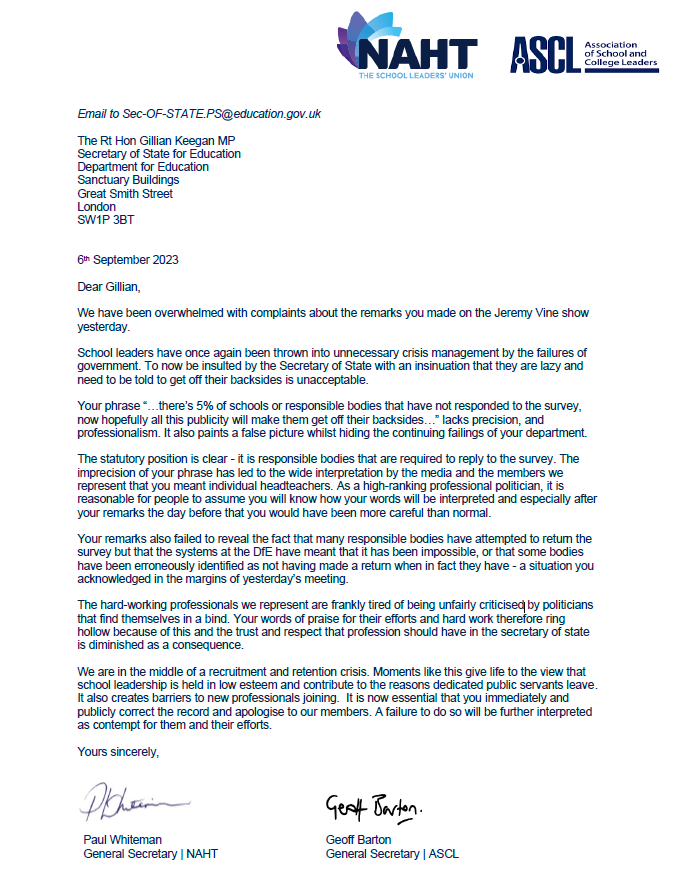 School leaders’ unions <a href="/NAHTnews/">NAHT</a> &amp; <a href="/ASCL_UK/">ASCL</a> write to Education Secretary demanding apology for her ‘insulting’ and ‘unacceptable’ remarks 👇

naht.org.uk/News/Latest-co…