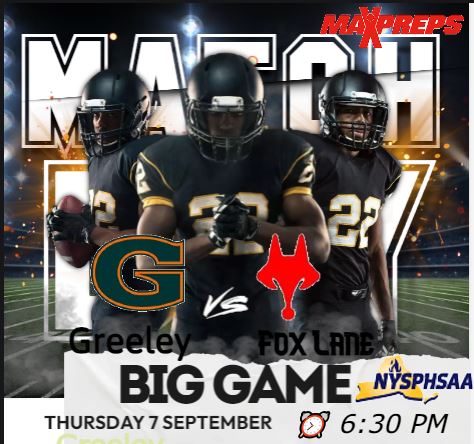 ‼️ MATCH DAY ‼️
VARSITY FOOTBALL
🏈 Greeley  🆚 Fox Lane    
📺 Watch Live: linki.ee/maxprepslive99

<a href="/greeleyfootball/">Greeley Football</a> <a href="/GreeleySports/">Greeley Sports</a> <a href="/Quaker_Sports/">Greeley Sports Boosters</a>  <a href="/jaschh_1/">Julian Asch</a> <a href="/JakKaplow/">Jak Kaplow</a> <a href="/DanyaalSHussain/">Danyaal Hussain</a> <a href="/CoachChaparro/">Michael Chaparro III</a> <a href="/FoxLaneFB/">Fox Lane Football</a> <a href="/AngelMejia2006/">Angel Mejia</a> <a href="/FoxLaneCheer/">Fox Lane Cheer</a> <a href="/foxlanefanzone/">Fox Lane Fan Zone</a> <a href="/FoxLanePride/">Fox Lane High School</a>
