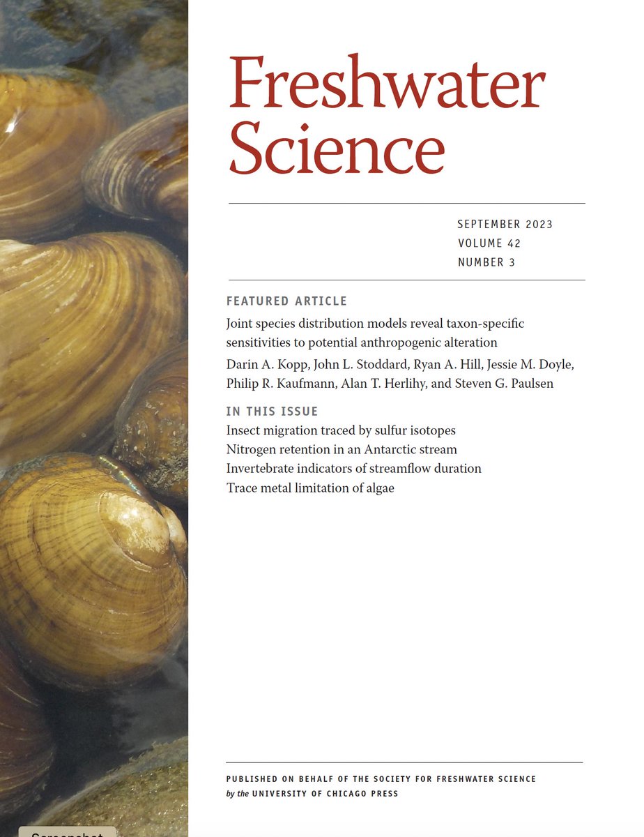Jeremy Tiemann (@jayhawktiemann) on Twitter photo Oh look, #INHSMolluk lab's photo graces front cover of <a href="/BenthosNews/">Freshwater Science</a>!!
Our paper, led by Hugo, used surrogate species to predict suitable habitat to aid in translocations of critically imperiled #FreshwaterMussels. Cover photo of some species used.
Paper: journals.uchicago.edu/doi/epdf/10.10… Oh look, #INHSMolluk lab's photo graces front cover of <a href="/BenthosNews/">Freshwater Science</a>!!
Our paper, led by Hugo, used surrogate species to predict suitable habitat to aid in translocations of critically imperiled #FreshwaterMussels. Cover photo of some species used.
Paper: journals.uchicago.edu/doi/epdf/10.10…