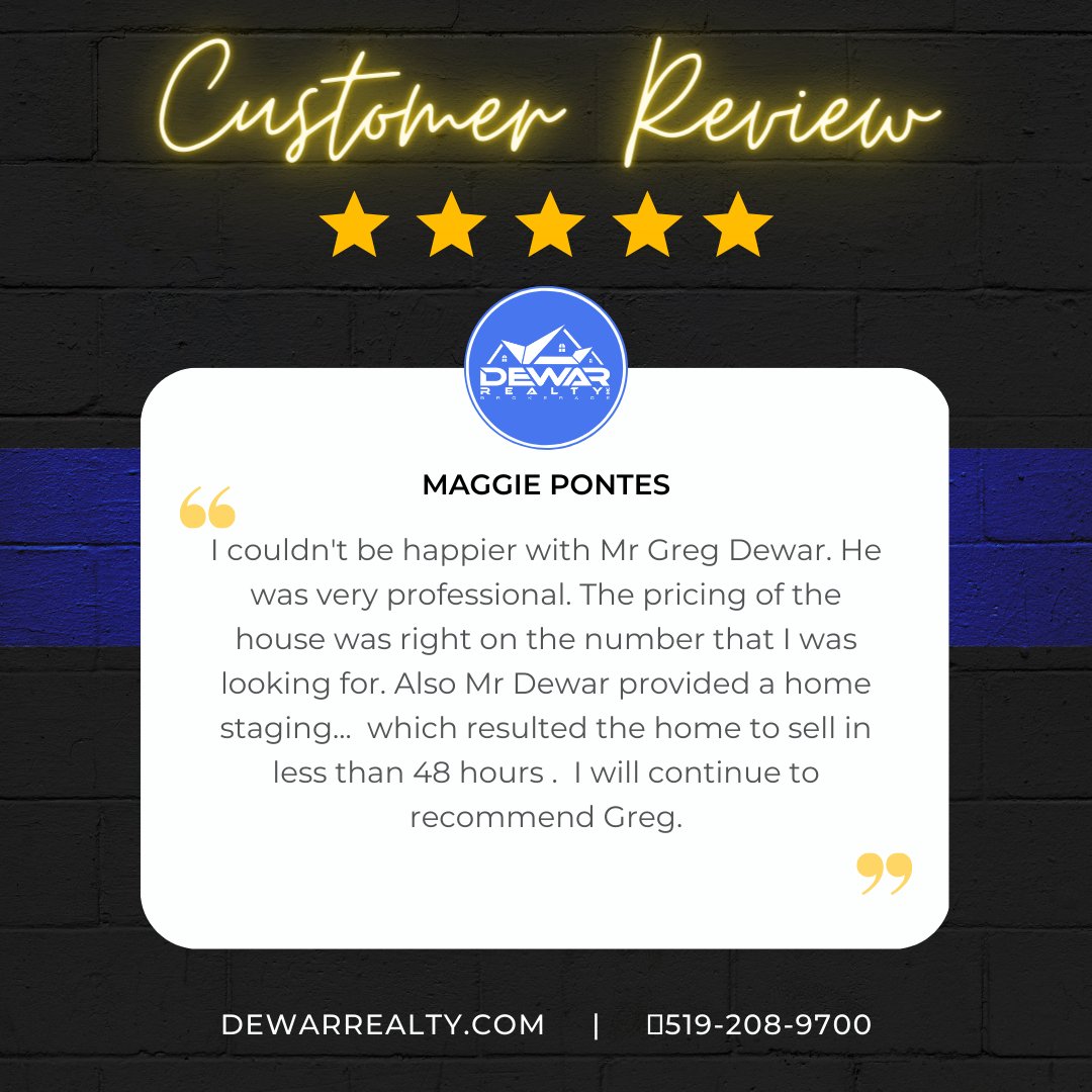 DewarRealty's tweet photo. ⭐⭐⭐⭐⭐
"I couldn't be happier with Mr Greg Dewar."

https://t.co/7RMXD5ZrrR 📞519-208-9700

🤩#GoogleReview #5StarExperience 
#DewarRealty #Realtor #Cambridge #RealEstate #HappyCustomer #WorkWithDewar https://t.co/juPJoEqBah