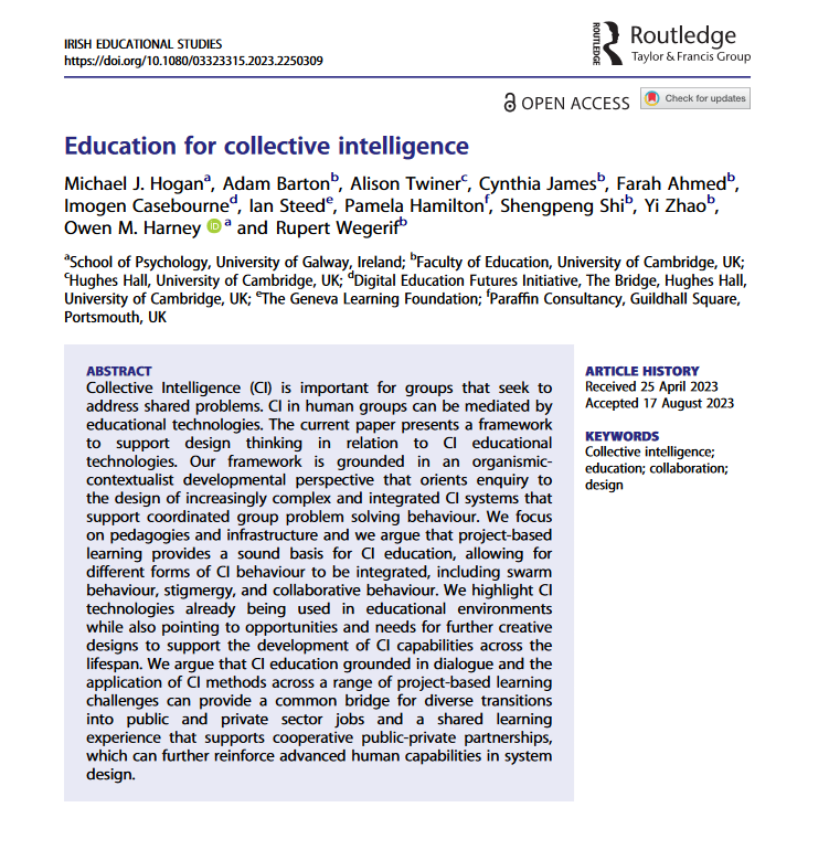 Delighted to see our paper on Education for #CollectiveIntelligence published #OpenAccess today @Editor_IES. Our goal is to design new CI educational technologies. Brilliant working with the team @DEFI_Cambridge. More work to do! @rupertwegerif @ian_steed @OwenMHarney @cindyjbj