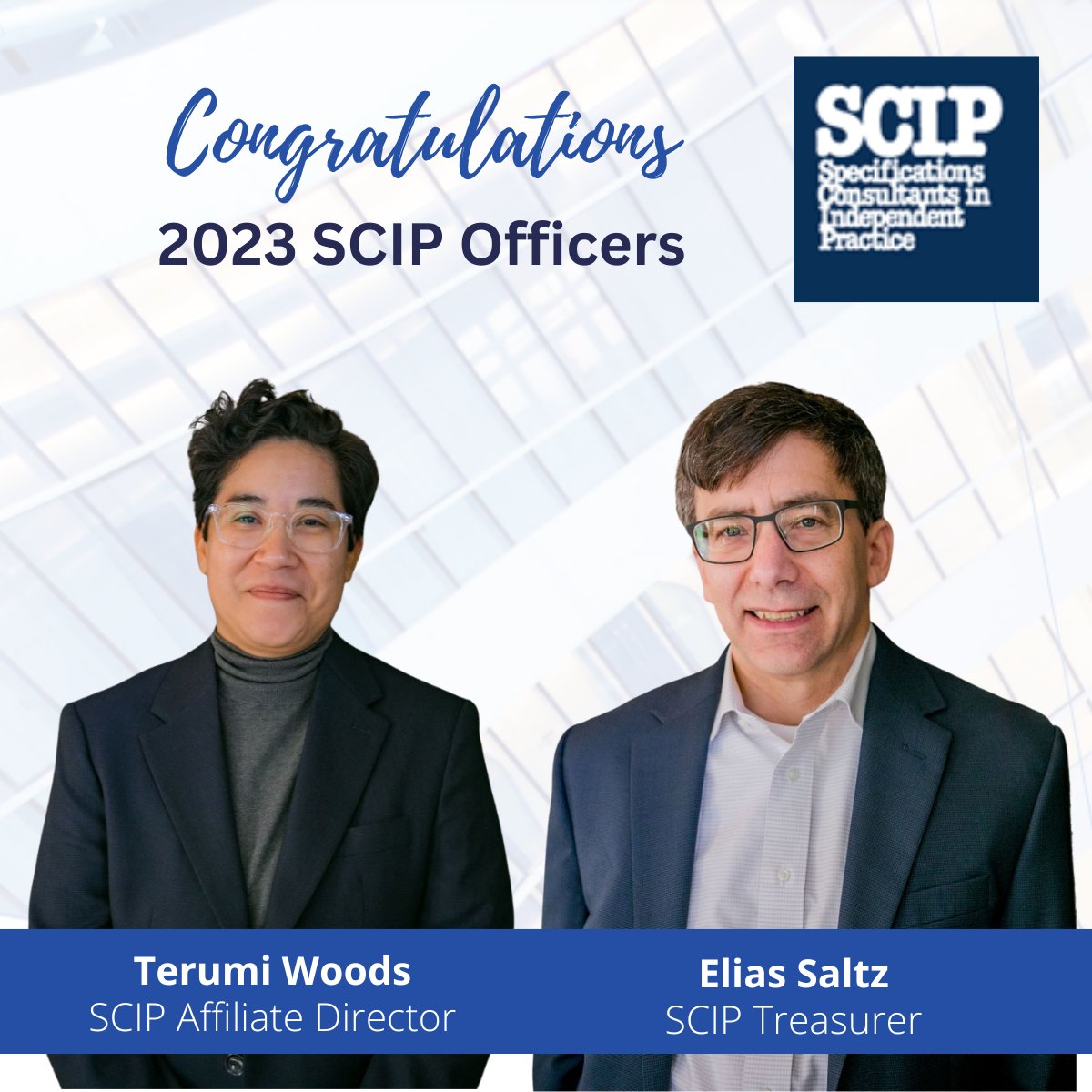 conspectusinc's tweet image. Congratulations to our Executive Vice President and Chicago senior specifier Elias Saltz as the new Treasurer, and to San Francisco specifier Terumi Woods as the new Affiliate Director of @SCIPspecs!
hubs.ly/Q021339x0