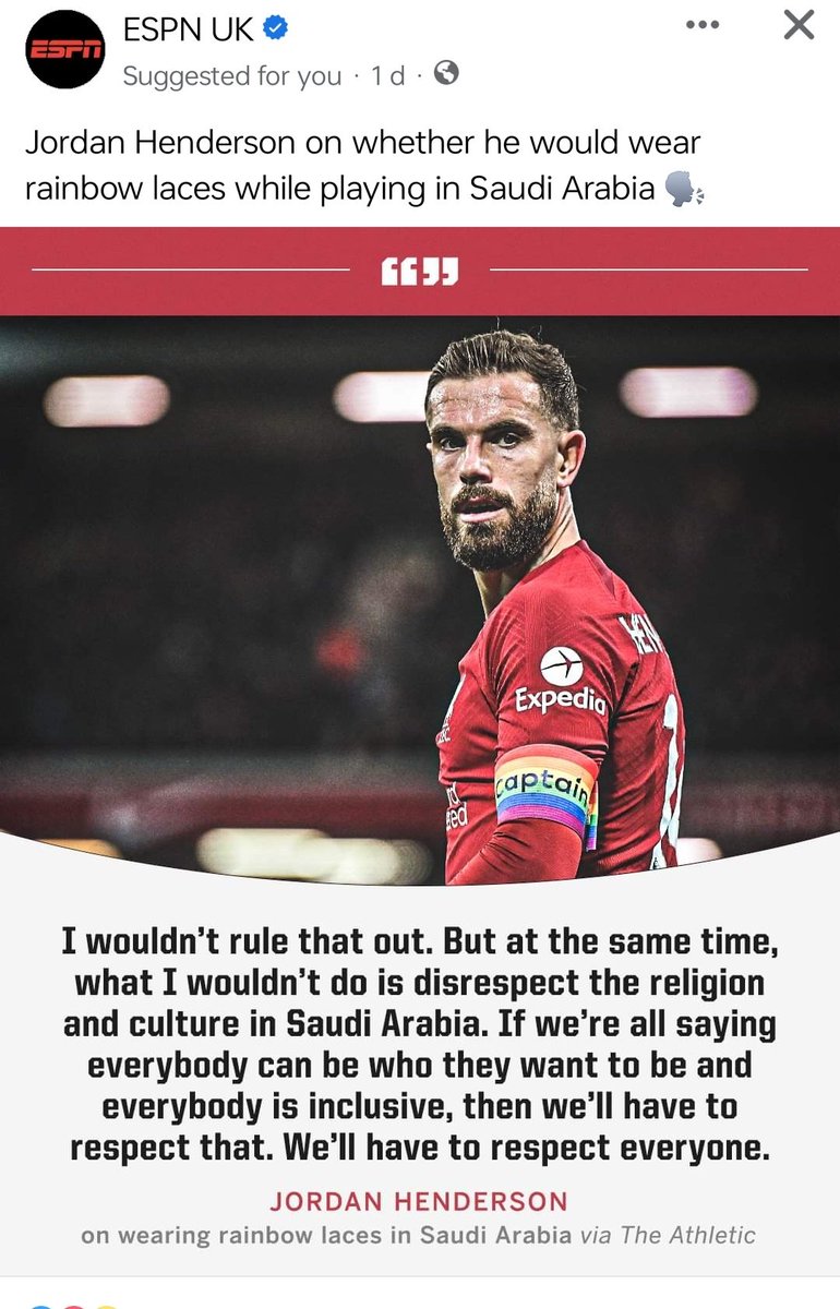 Isn't it funny how people only bend over backwards to virtue-signal about LGBT rights in places where they already exist?

'Jordan Henderson has confirmed he would not risk disrespecting “the religion and culture in Saudi Arabia” by wearing rainbow laces or a rainbow captain's