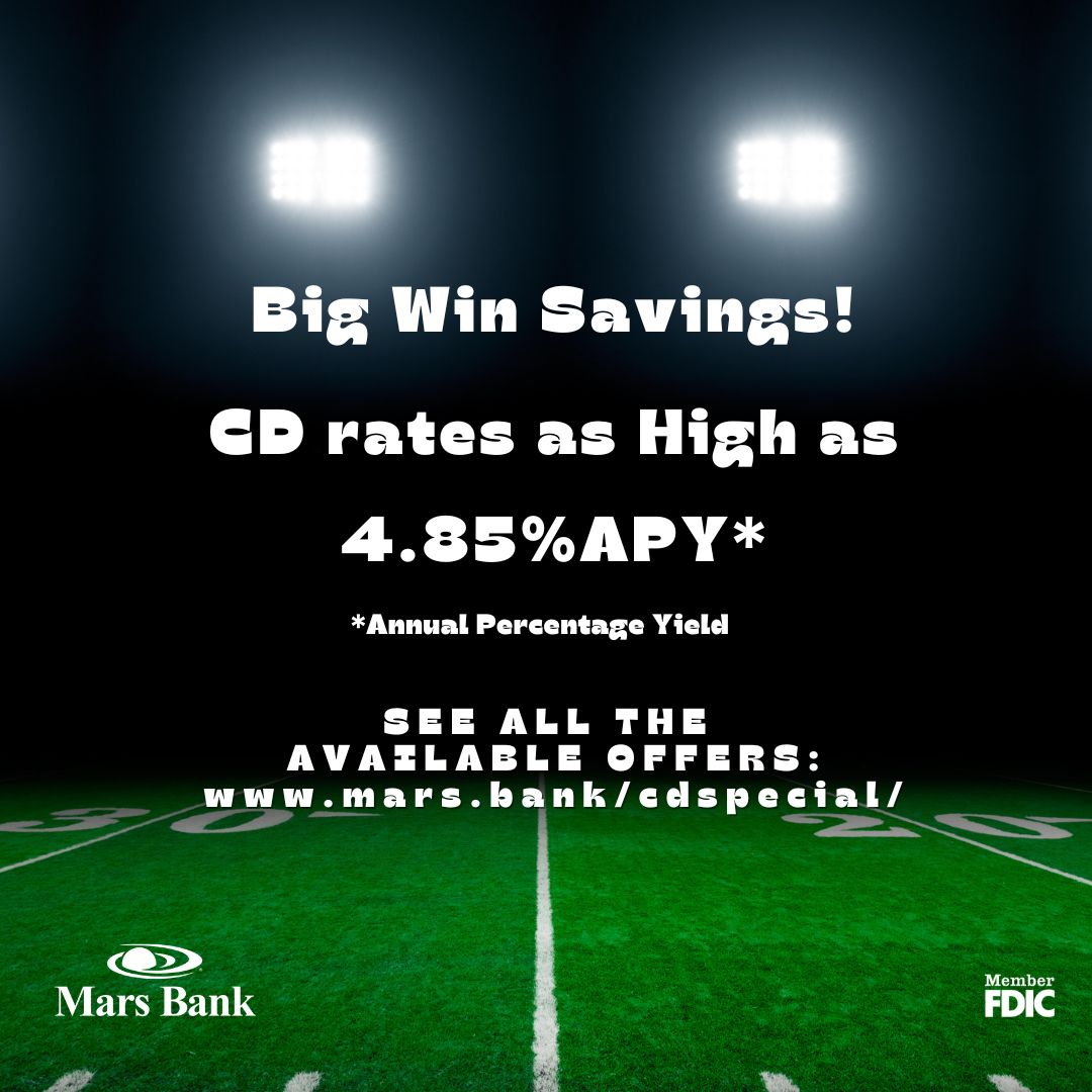 MarsBankPA's tweet image. It's up and good for a great rate on a Certificate of Deposit. Check all the rates and term options by calling 844-381-7295, or check the rates online and apply on your phone in minutes! mars.bank/cdspecial/ #itsgood
