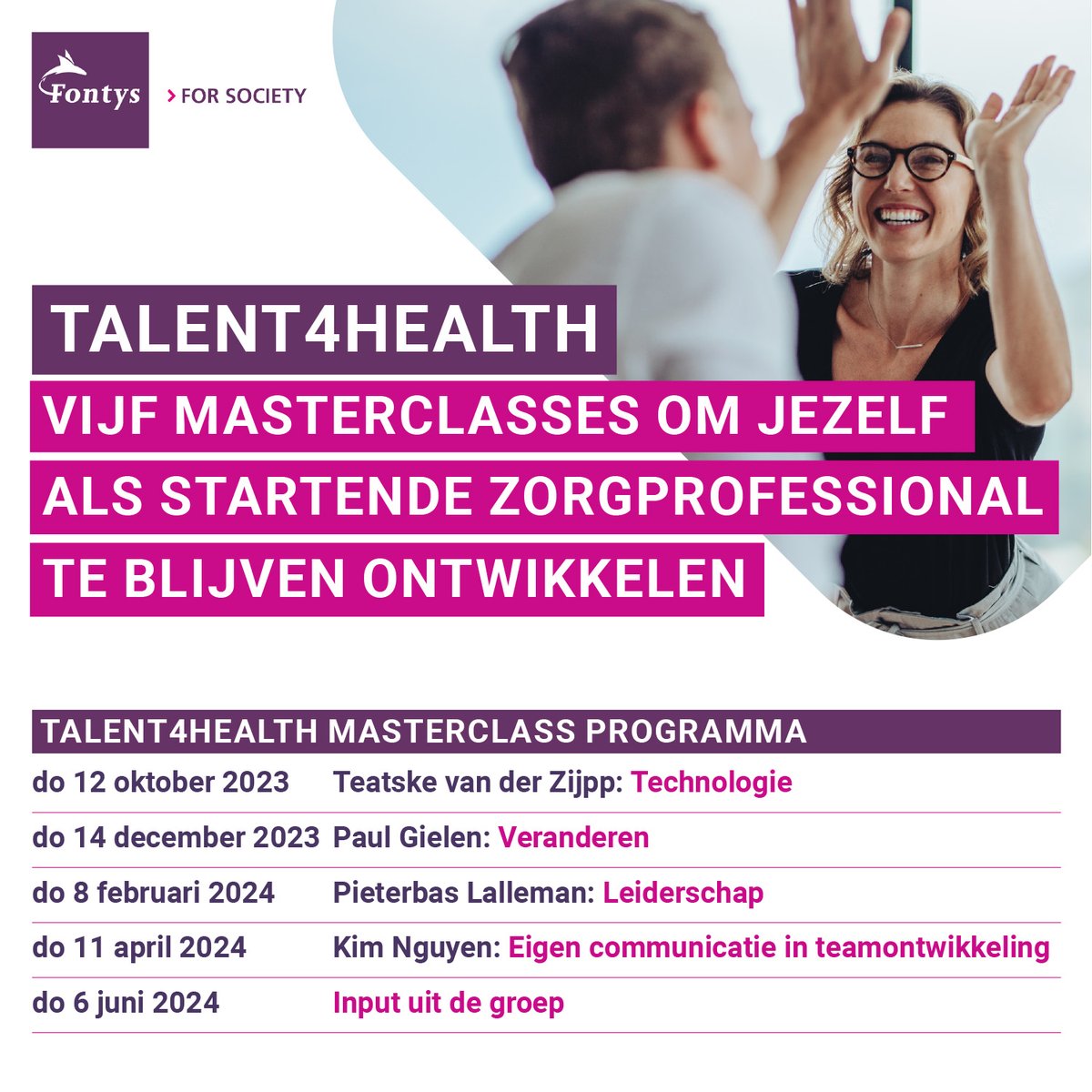 Ben jij maximaal 4 jaar geleden afgestudeerd als zorgprofessional? En wil jij jezelf ontwikkelen in contact met andere zorgverleners? Schrijf je dan nu kosteloos in voor vijf Fontys masterclasses (niet apart te volgen) ➡️ goto.fontys.nl/forms/aanmelde…. Vragen?📧talent4health@fontys.nl