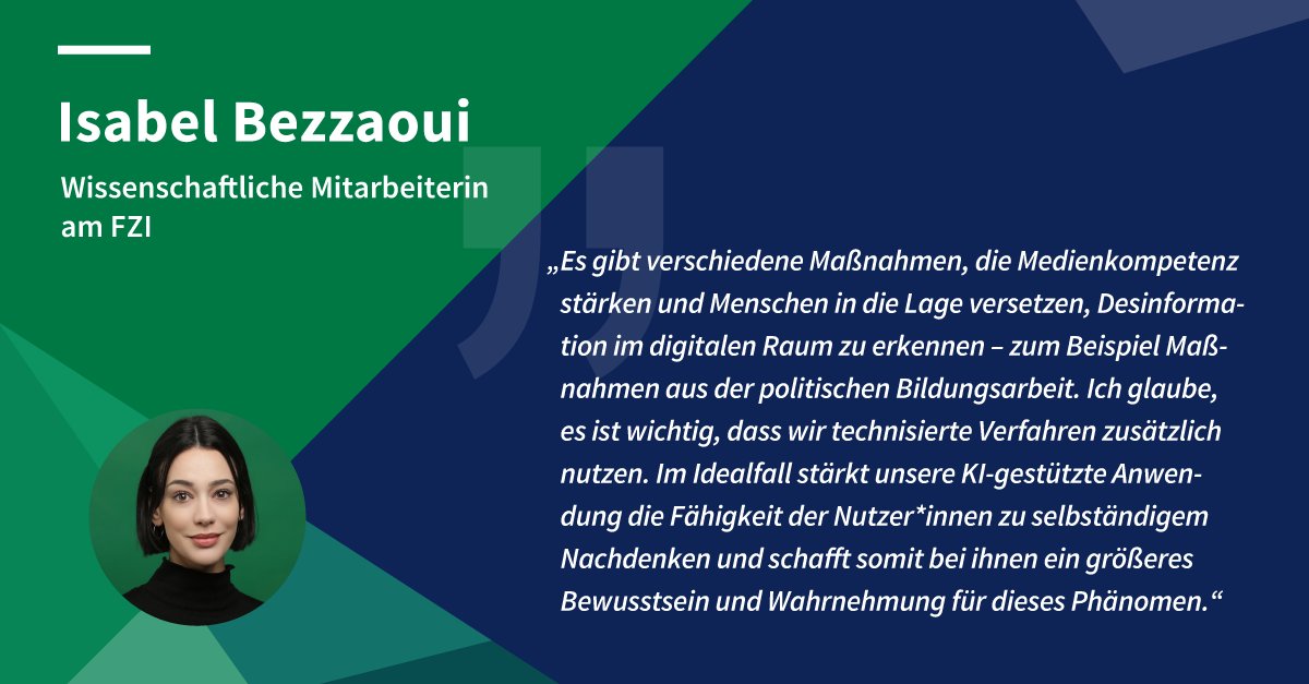 FZI_official's tweet image. „Wir wollen mit #KünstlicheIntelligenz #FakeNews bekämpfen!“ FZI-Mitarbeiterin Isabel Bezzaoui im Interview über das Forschungsprojekt DeFakts und den Einsatz von #ExplainableArtificialIntelligence bei Identifikation von #Desinformation im digitalen Raum👉url.fzi.de/KYPI-WS2023