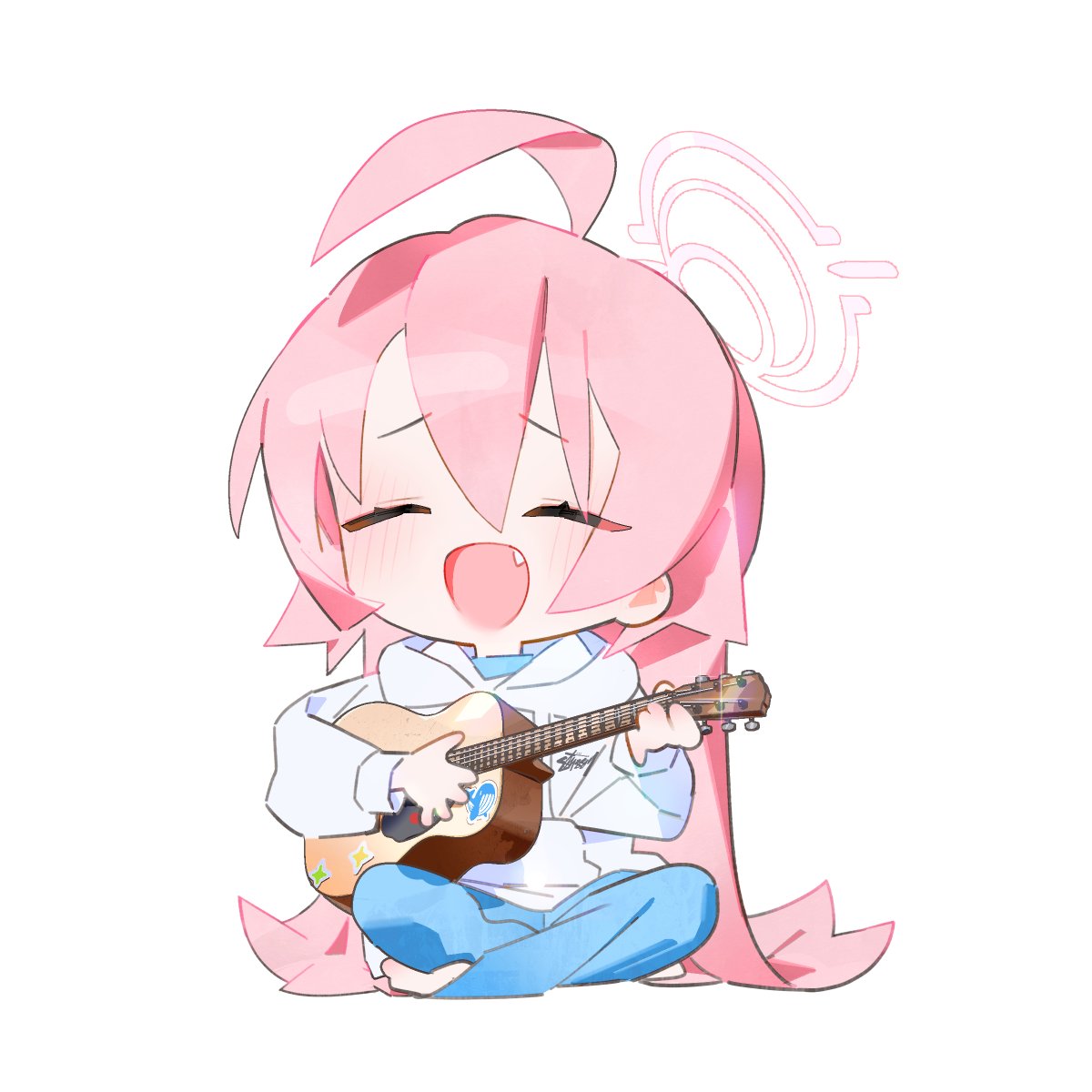 1girl solo fang halo pink hair pants instrument  illustration images