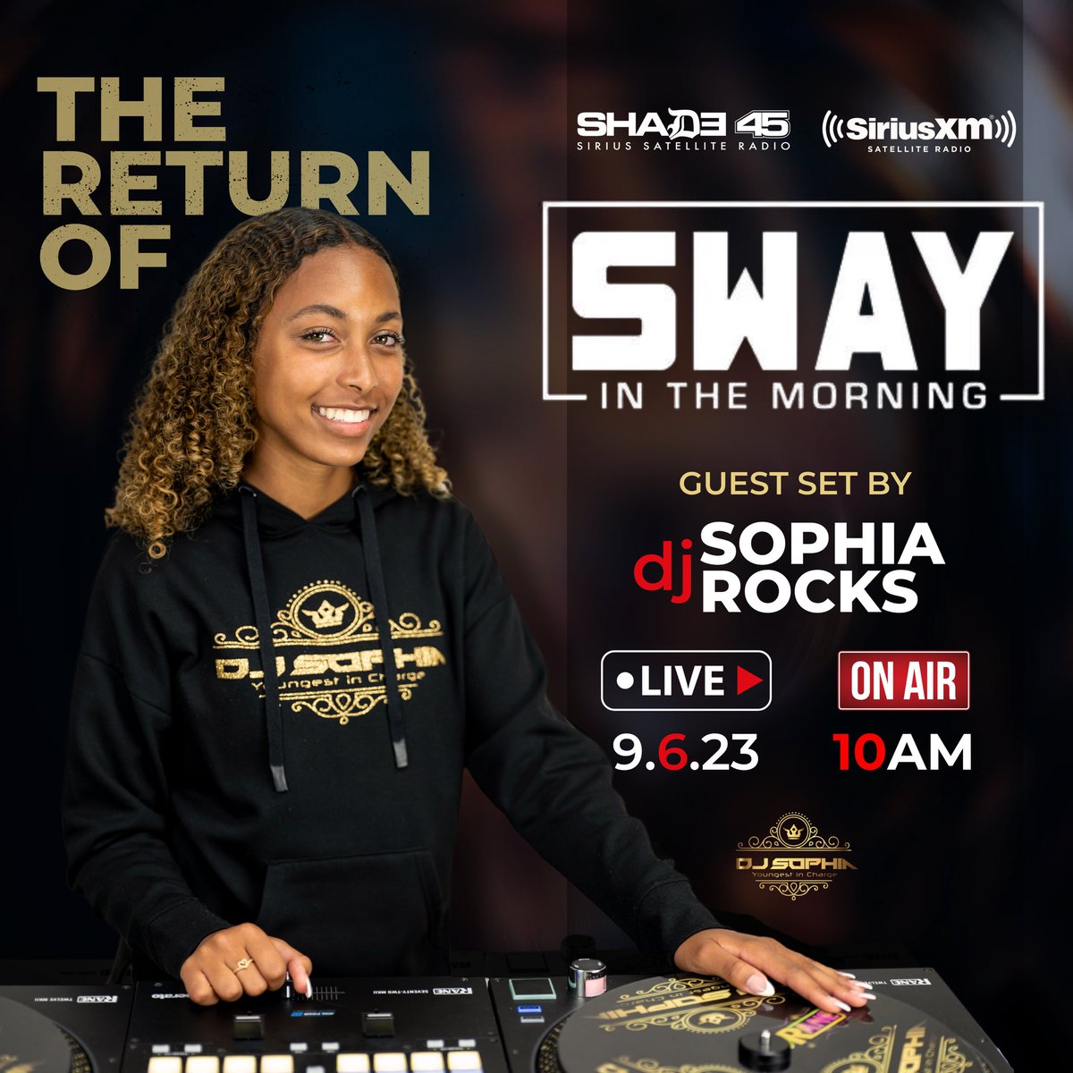 DjSophiaRocks's tweet photo. Live!! This morning at 10am! Tune in on your radio or the SiriusXM app! @SwaysUniverse . 💥
.
.
.
.
.
.
.
#dj #swayinthemorning #hiphop #cq #radioshow #teendj #siriusxm #djsophiarocks #girldj #girlinfluencer #kiddj #explorepage #hiphop50thanniversary #blackgirlsrock https://t.co/TeAohH4zIb