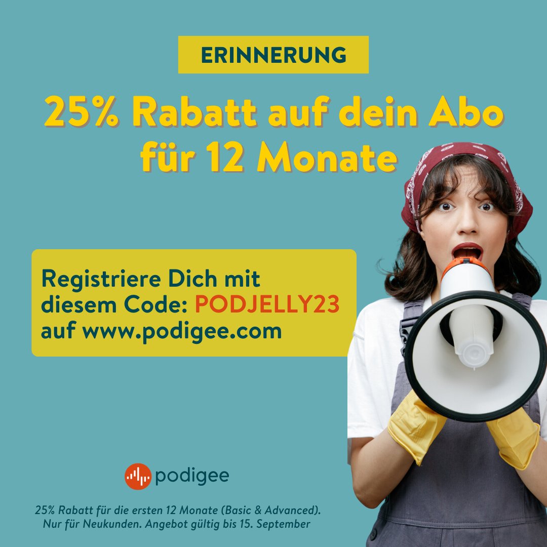 Es ist Podcast-Zeit! 🙌 Unsere Basic und Advanced Pläne bekommen noch kurze Zeit 25% Rabatt auf die ersten 12 Monate. 

Melde dich heute noch an und nutze den Code PODJELLY23 beim Bezahlen.
👉 hubs.ly/Q021fvwN0

#PodcastingMadeEasy #LimitedTimeOffer #podcast #podcasting