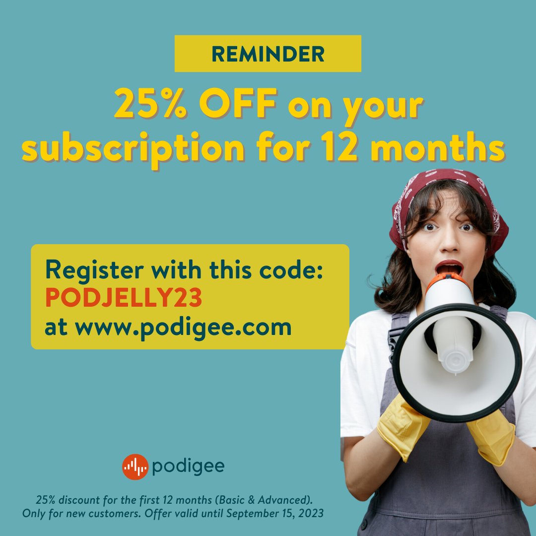 It's podcast time! 🙌Our Basic and Advanced plans get a 25% discount on the first 12 months for a limited time. 

Sign up today and use the code PODJELLY23 at checkout.
👉 hubs.ly/Q021fw2s0

#PodcastingMadeEasy #LimitedTimeOffer #podcast #podcasting