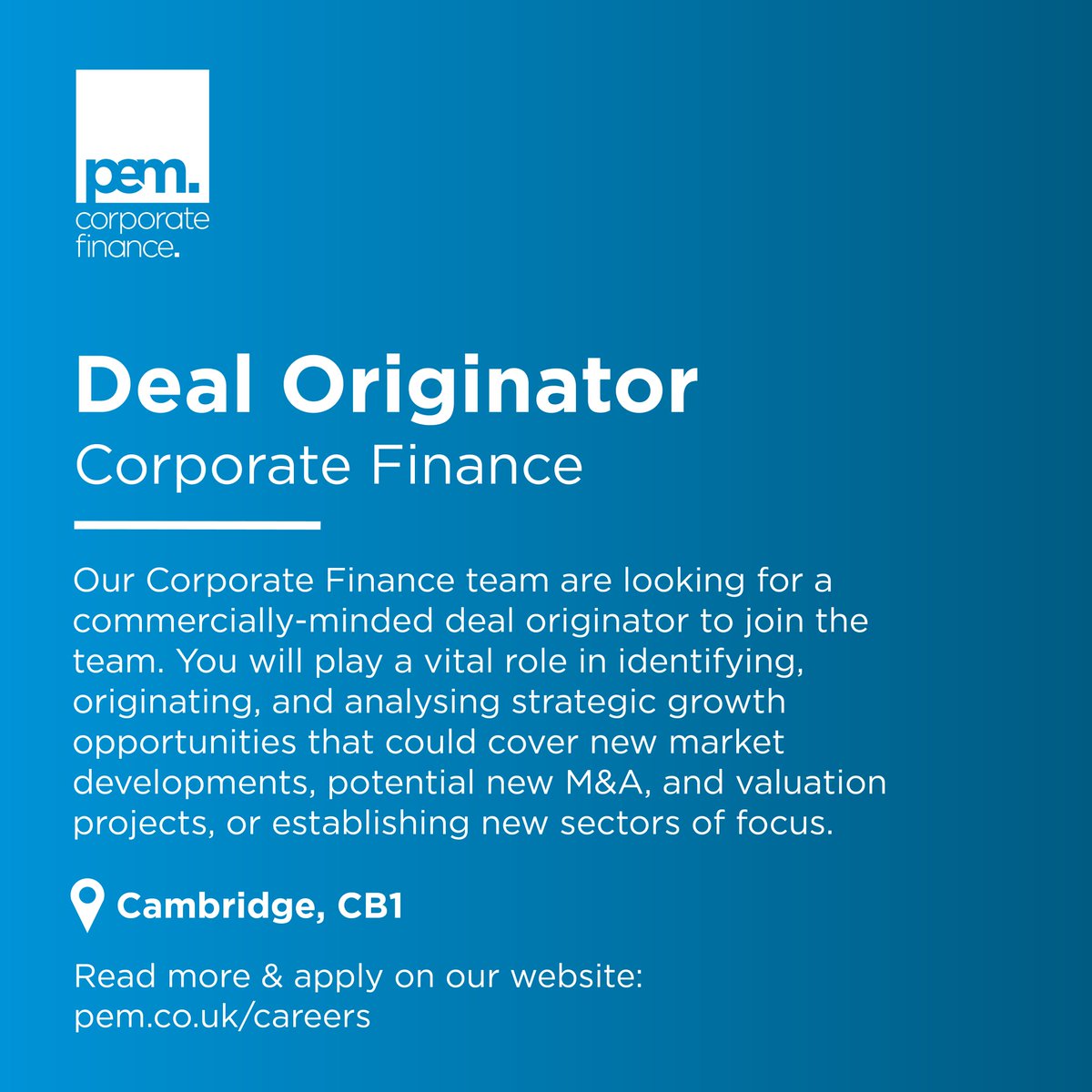 We're #hiring! 📣

We're looking for a charismatic Deal Originator to join our friendly team!

To apply and find out more, visit our website or email recruitment@pem.co.uk pem.co.uk/about-us/caree…

#corporatefinance #careersinfinance #cambridgejobs